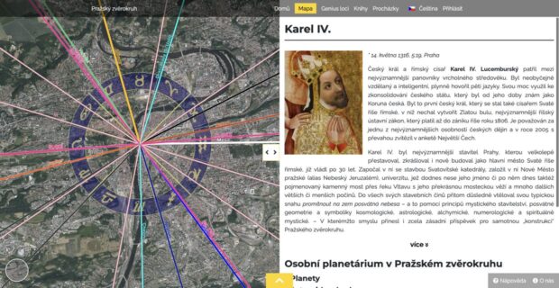 Pražský zvěrokruh: horoskop Karla IV. na mapě Prahy s medailonem