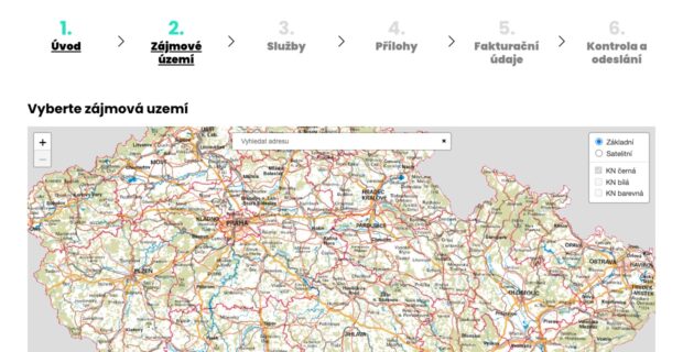 Předinženýring: mapa v kroku Zájmové území objednávkového formuláře
